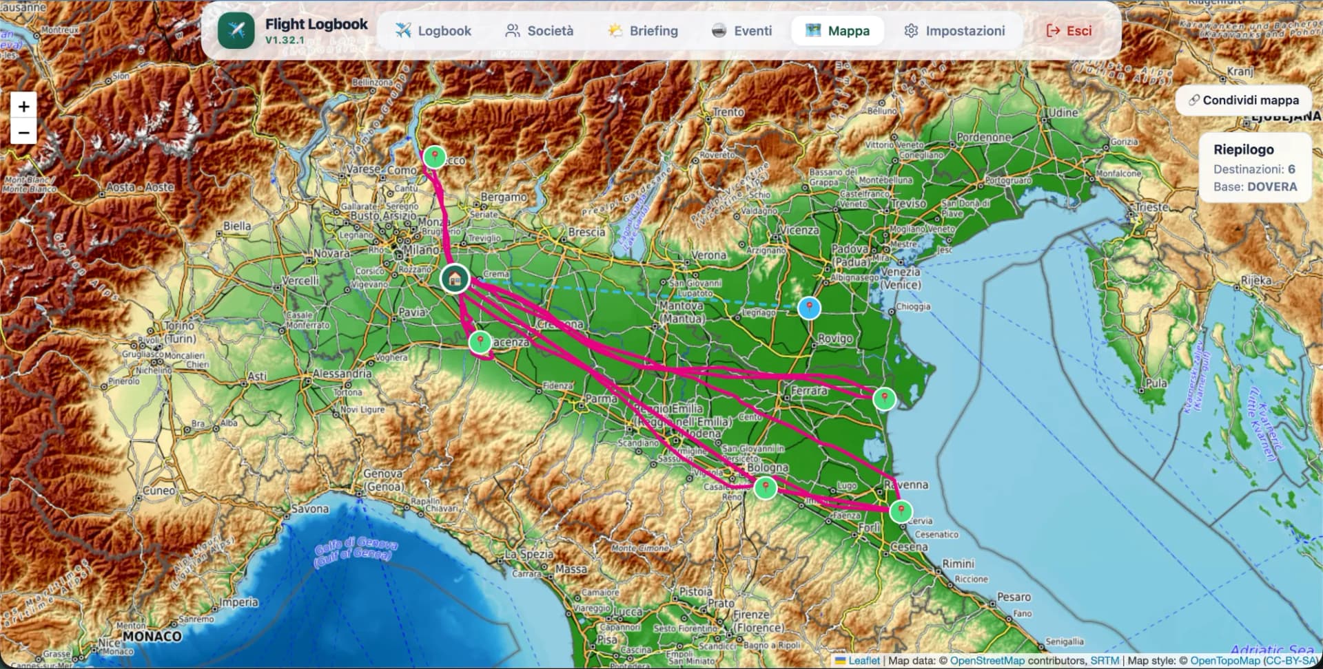 Mappa dei voli effettuati e pianificati con rotte GPX